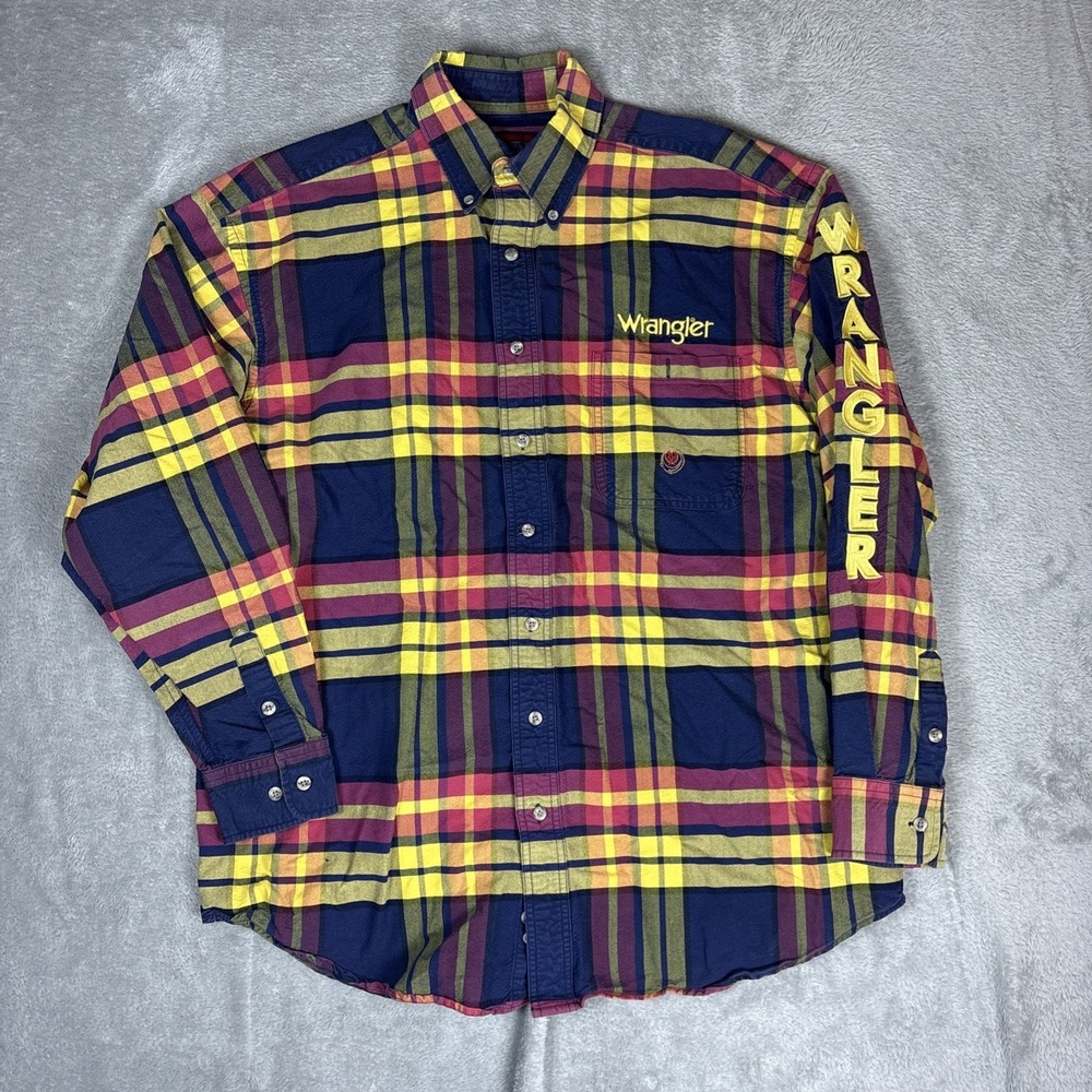 Wrangler TwentyX Button Down Shirt Mens L Plaid Long Sleeve Western 20X Spellout